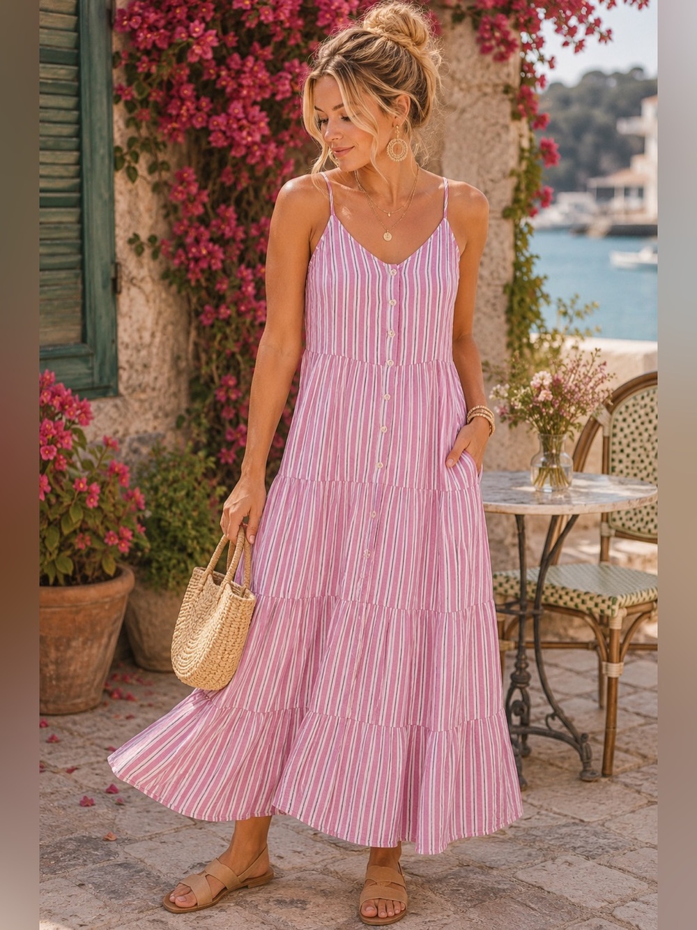 Universal Thread Pink Stripe Tiered Maxi Dress Medium | 100% Cotton Pocket Dress